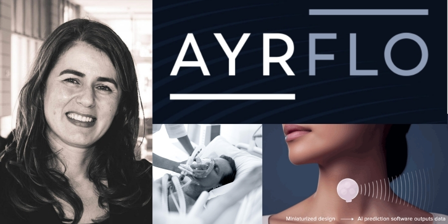 Collage featuring Dr. Guelay Bilen-Rosas smiling, alongside AyrFlo branding and medical imagery