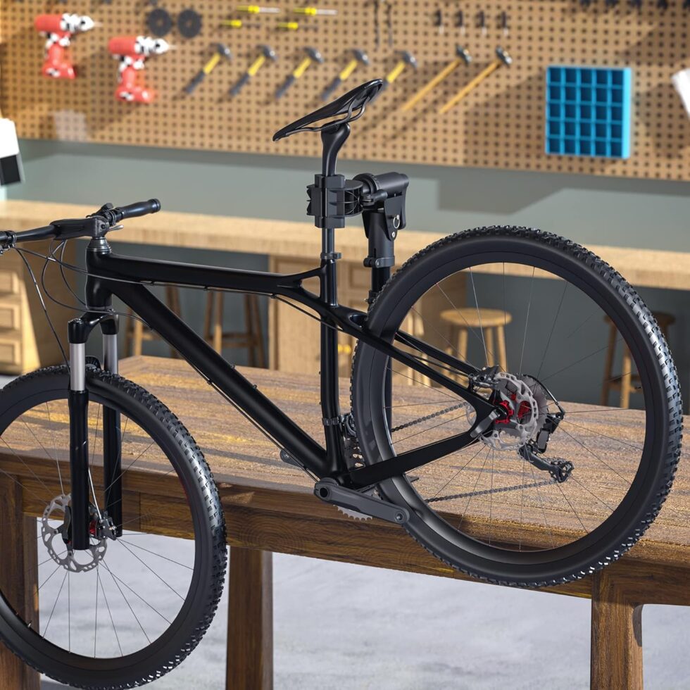 two-wheel bike on a stand in the workshop