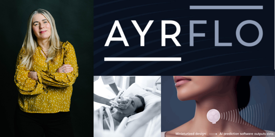 Collage featuring Dr. Guelay Bilen-Rosas, alongside AyrFlo branding and medical imagery